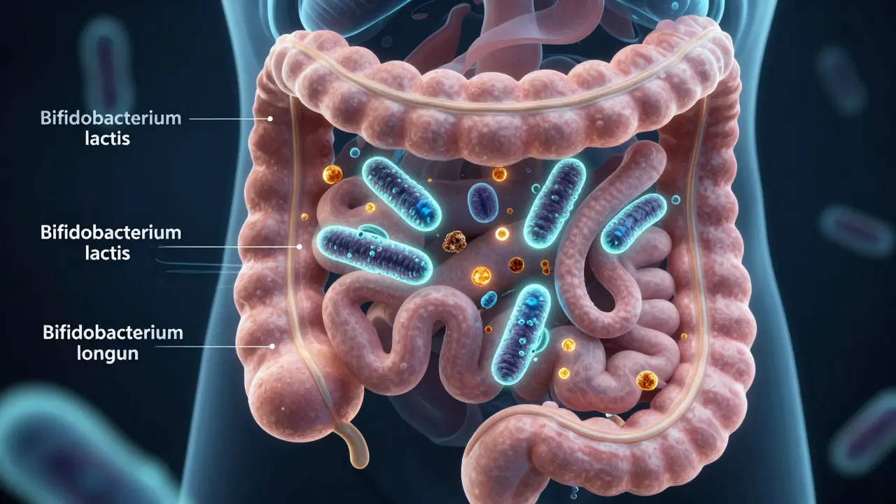 Vizualizace střev s živými bakteriemi Bifidobacterium lactis a longum, které zvyšují pohyb a snižují zánět.