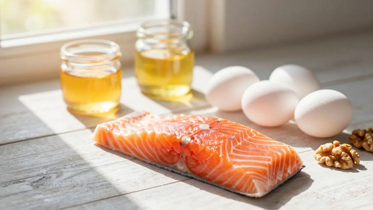 Zdravá jídla jako ryba a ořechy na dřevěném stole ve světle.