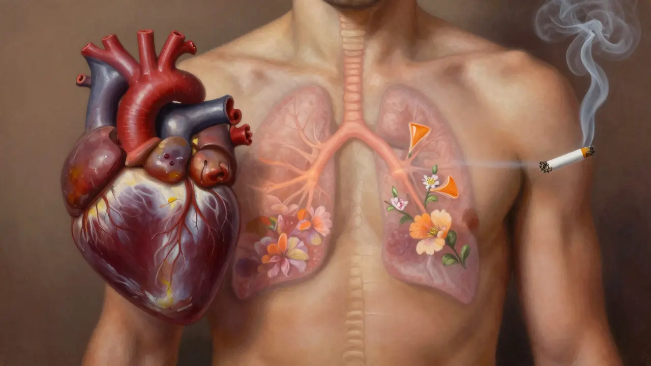 Zdravé srdce a plicní funkce po roce bez cigaret s symbolickým zlepšením.