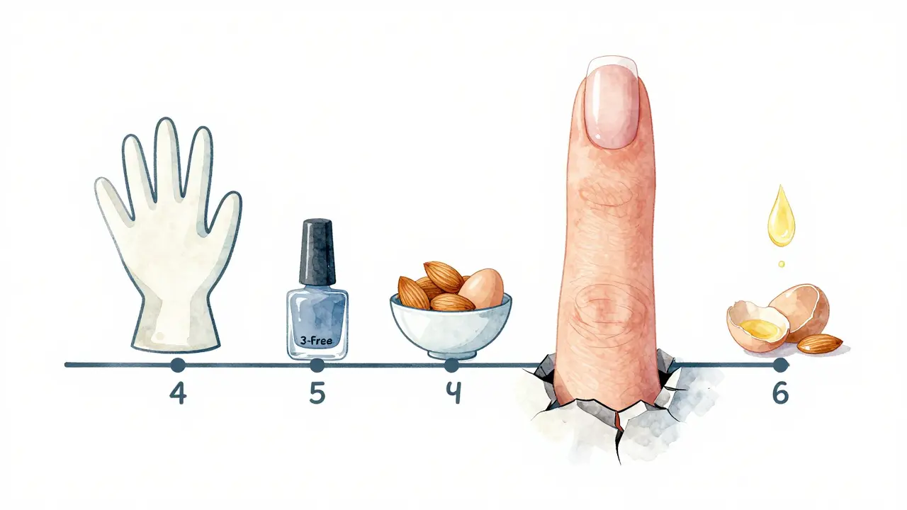 Zdravý neht rostoucí z poškozeného základu, s časovou osou ukazující klíčové kroky obnovy.