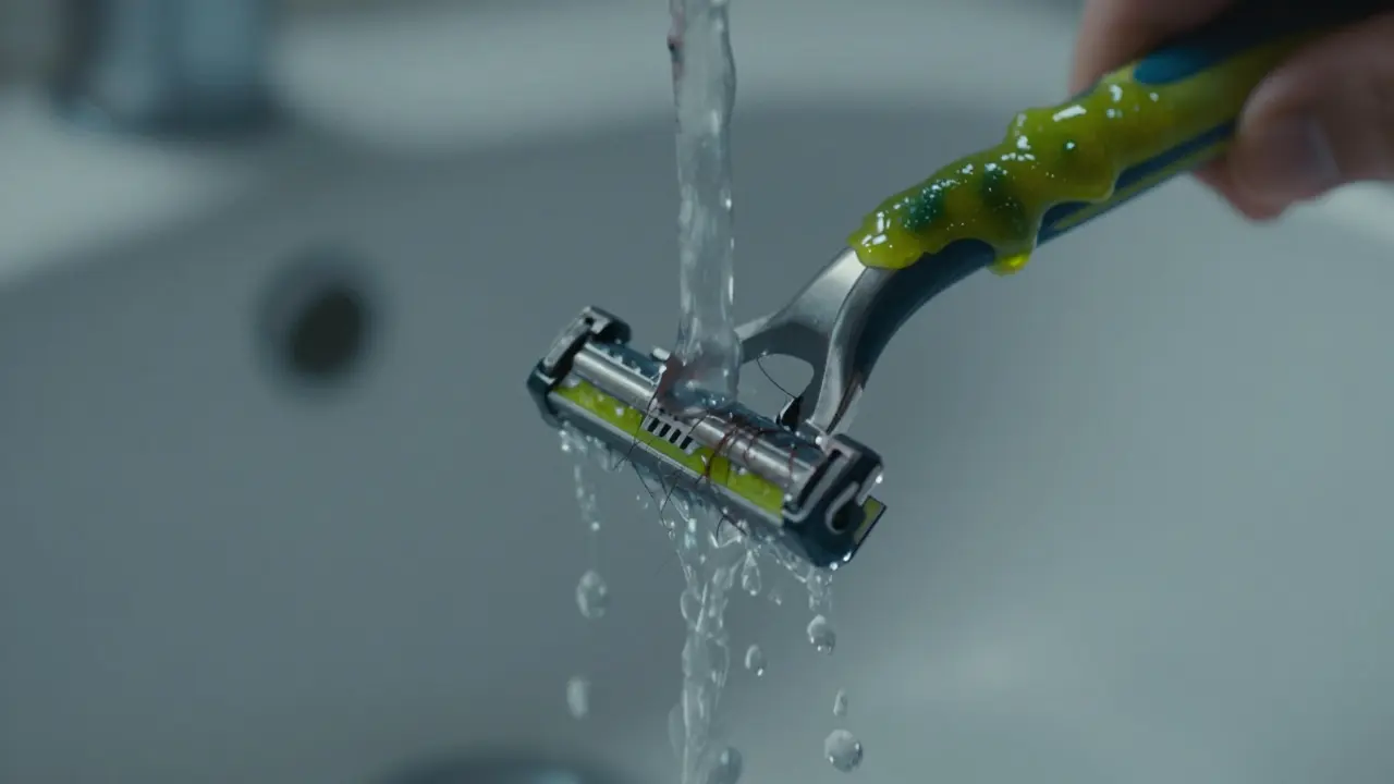 Žiletka pod teplou vodou, kdy čistá voda omyvá zbytky vlasů a kůže.