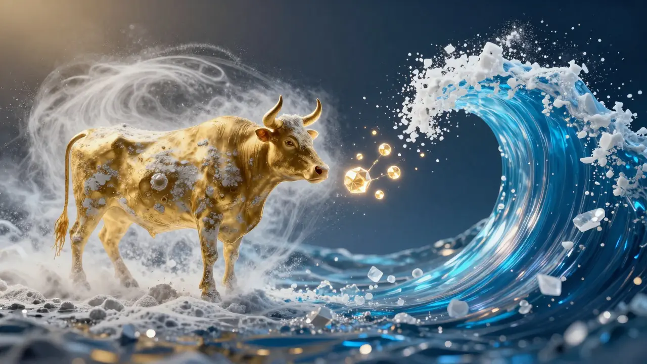 Abstraktní znázornení hovězího a rybího kolagenu a procesu hydrolyzace v peptidy.