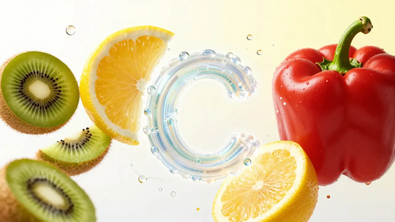 Abstraktní znázornění kolagenu obklopeného plátky citrusů, kiwi a červenou paprikou.