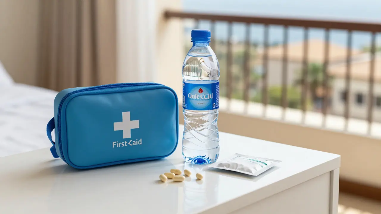 Cestovní lékárnička s probiotiky a rehydratačním roztokem na hotelovém stole.