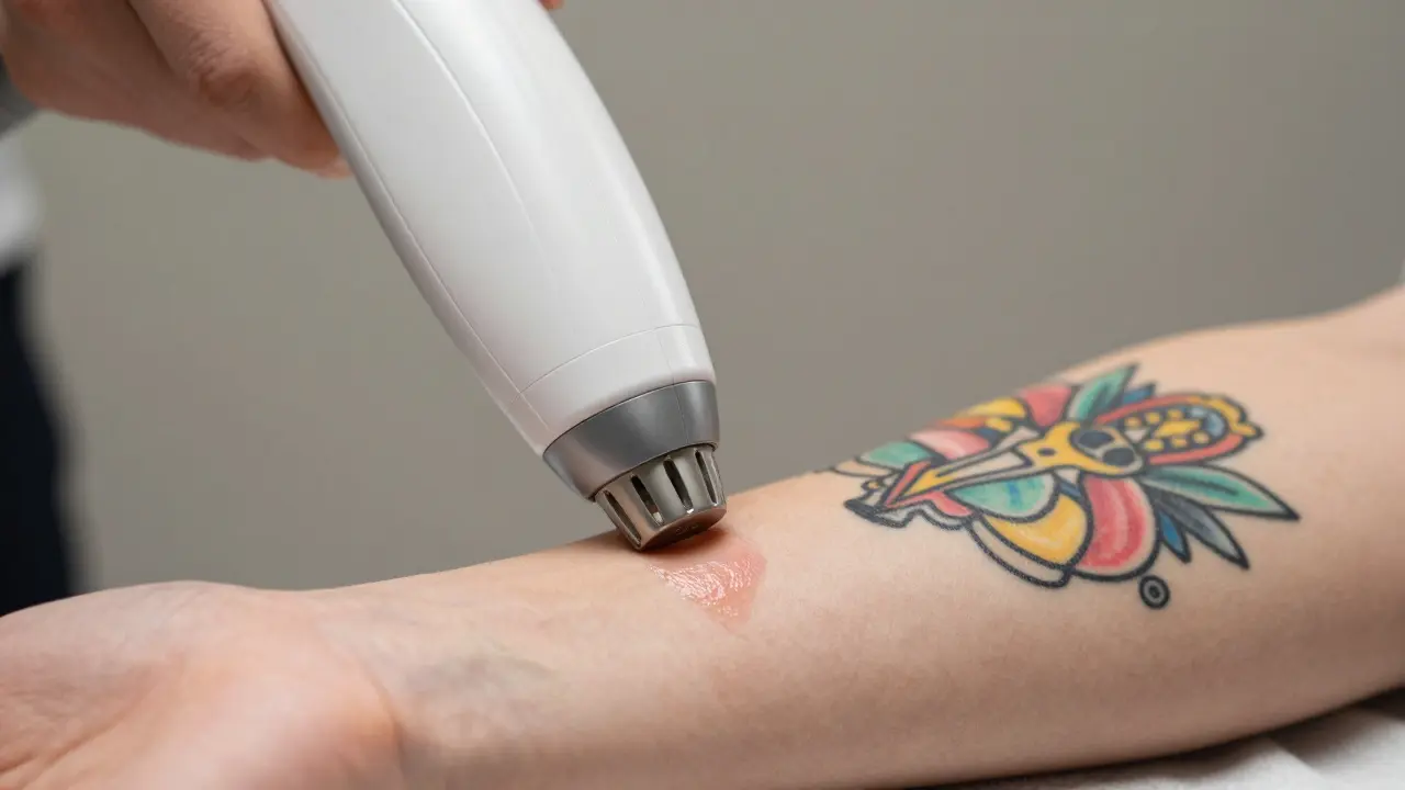 Detail tetování na ruce s IPL přístrojem ukazující bezpečnou vzdálenost.