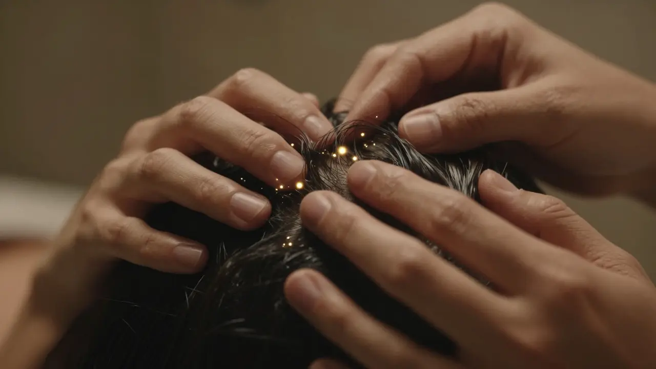 Detailní pohled na masáž pokožky hlavy pro stimulaci krevního oběhu a růstu vlasů.