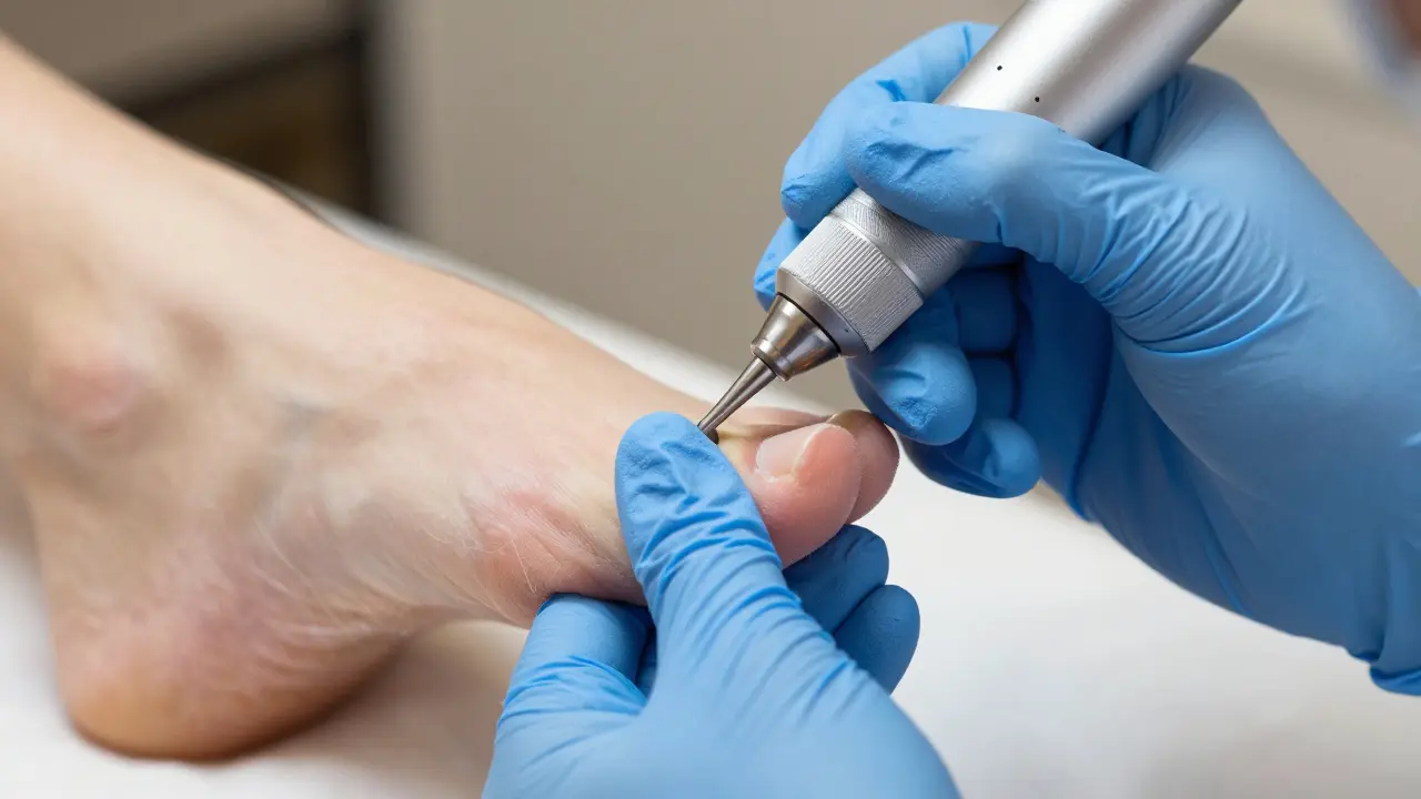 Detailní záběr na profesionální opracování patek pomocí elektrické frézky.