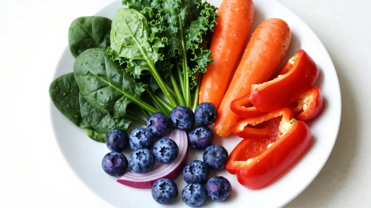 Kolaž barevné a zdravé stravy s různou zeleninou a ovocem na talíři.