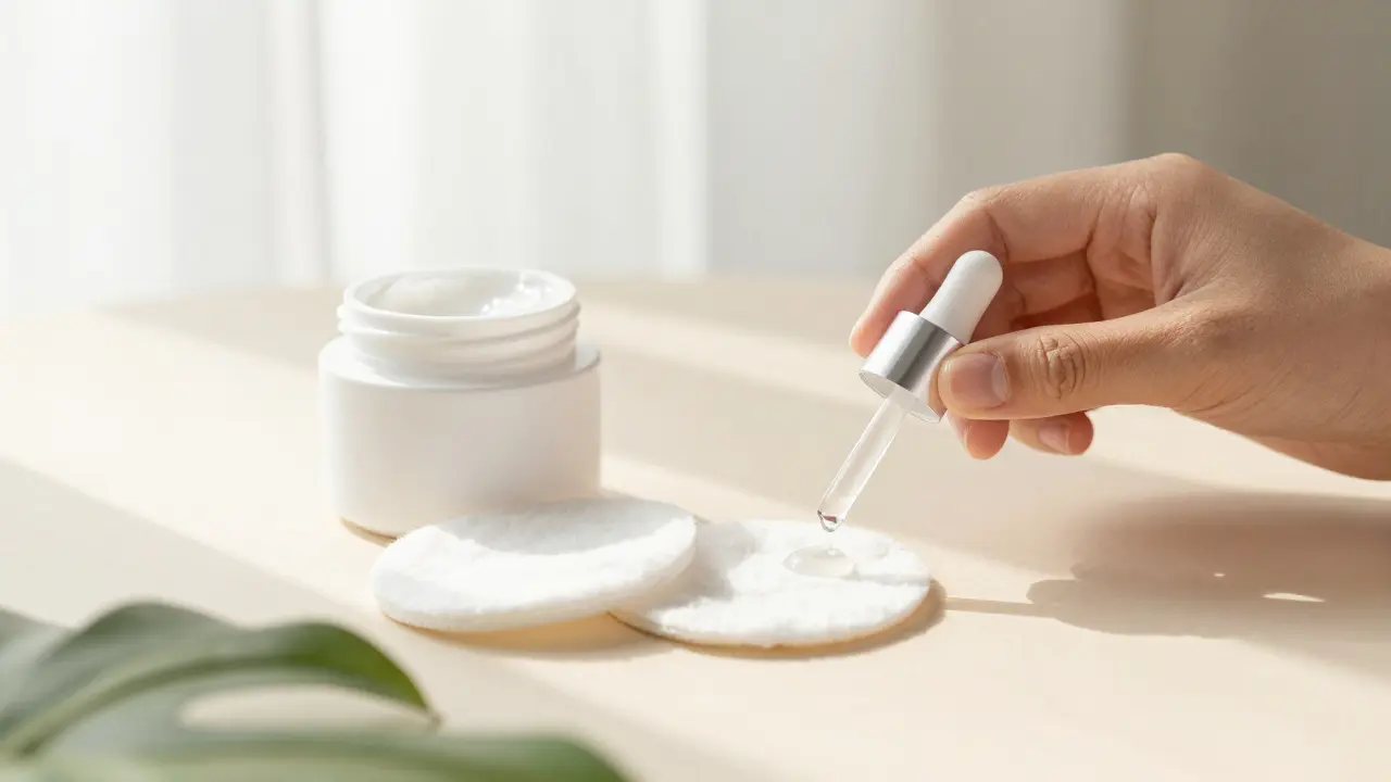 Kombinace jednoduchého hydratačního krému a aktivního séra na koupelnové poločce.