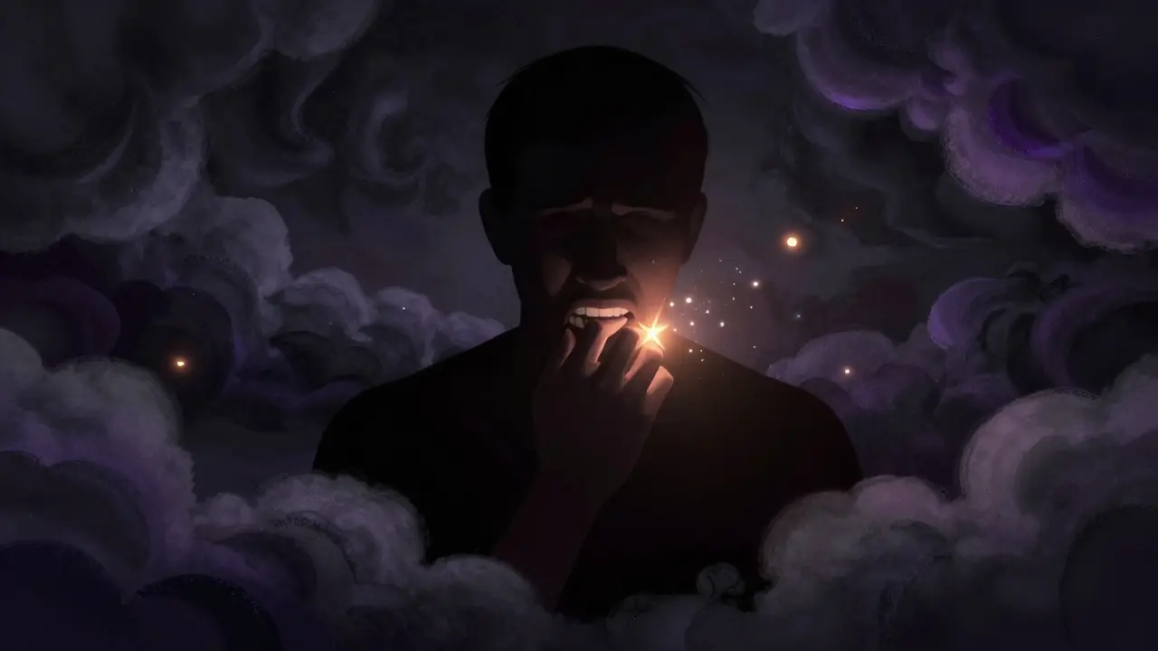 Konceptuální ilustrace cyklu stresu a kompulzivního kousání nehtů.