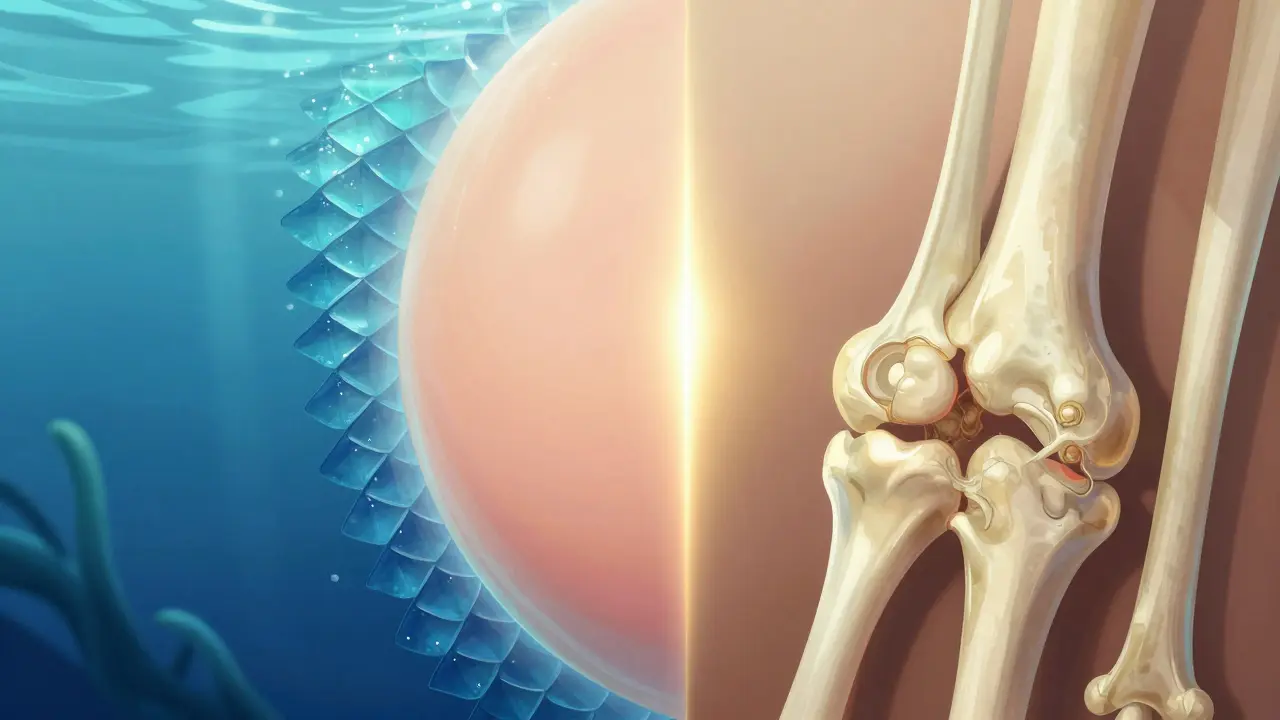 Konceptuální ilustrace znázornující rozdíl mezi mořským kolagenem pro pleť a hovězím pro klouby.