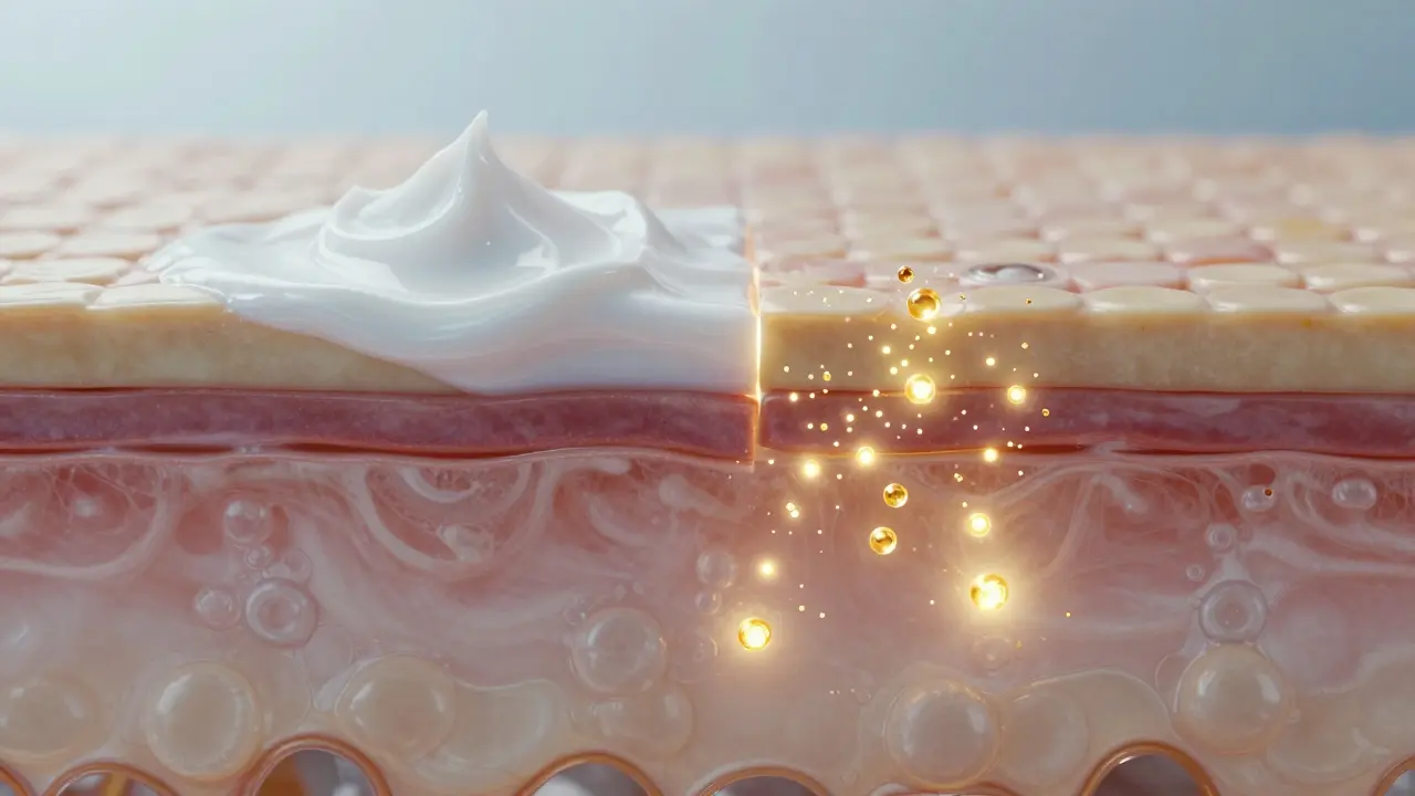 Konceptuální schéma pronikání molekul séra hluboko do vrstev pleti.