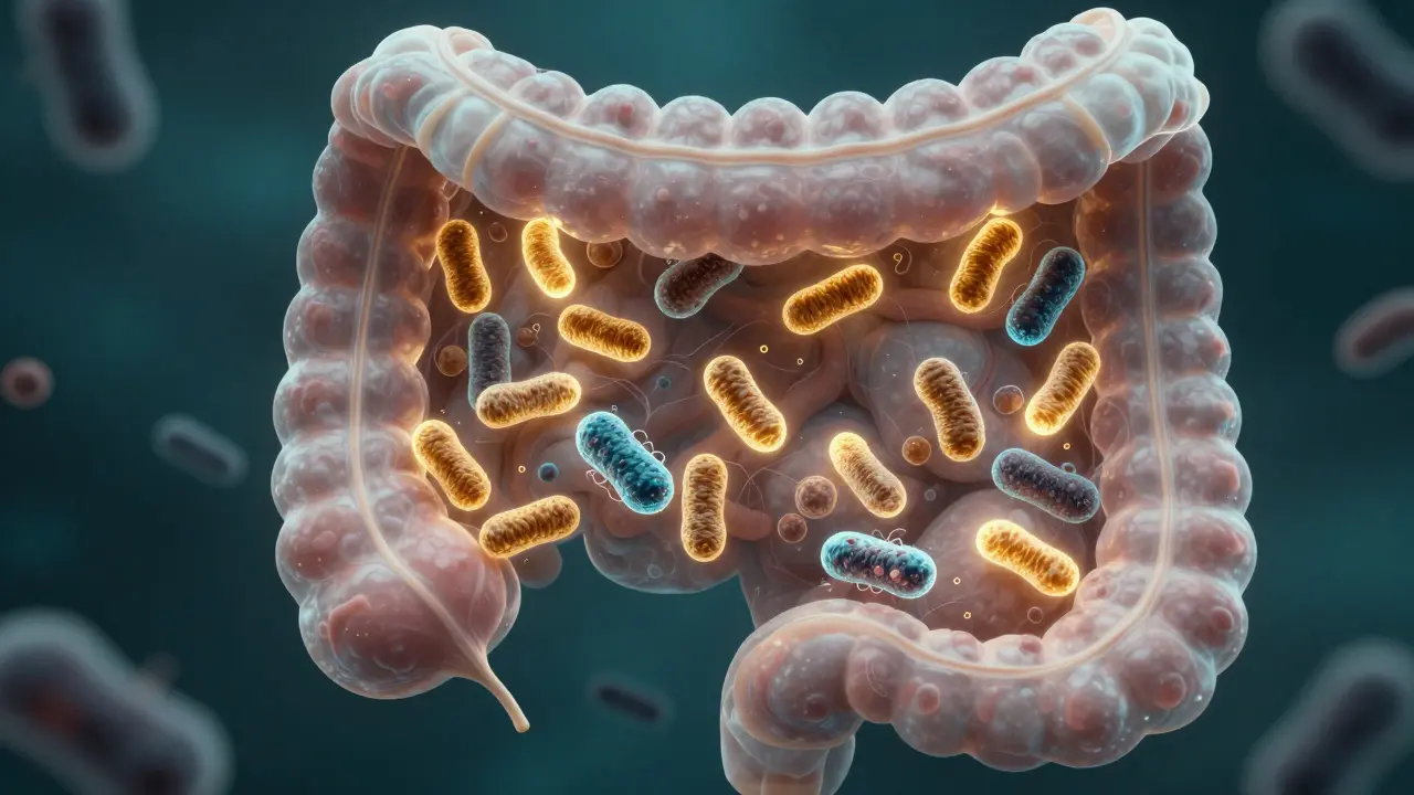 Konceptuální znázornění probiotik a laktobacil v lidském střevě.