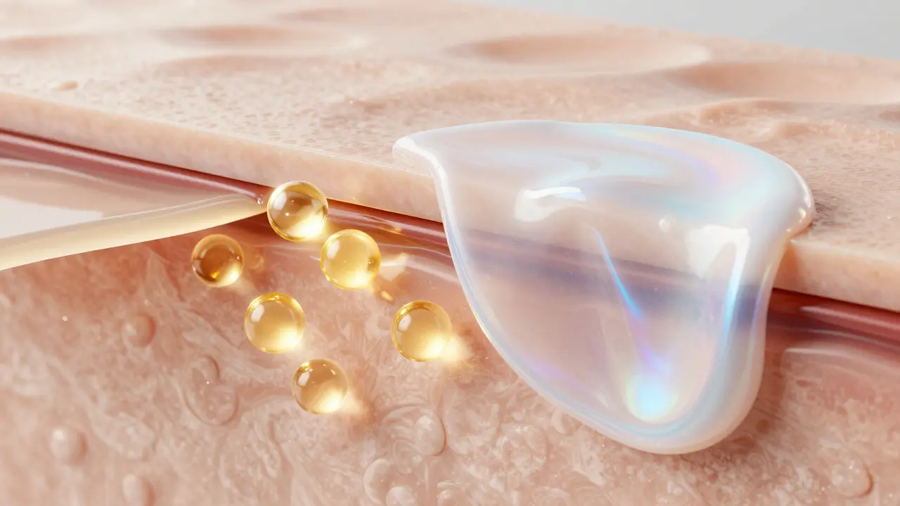 Konceptuální znázornění pronikání séra do pleti a ochranné vrstvy krému na povrchu.