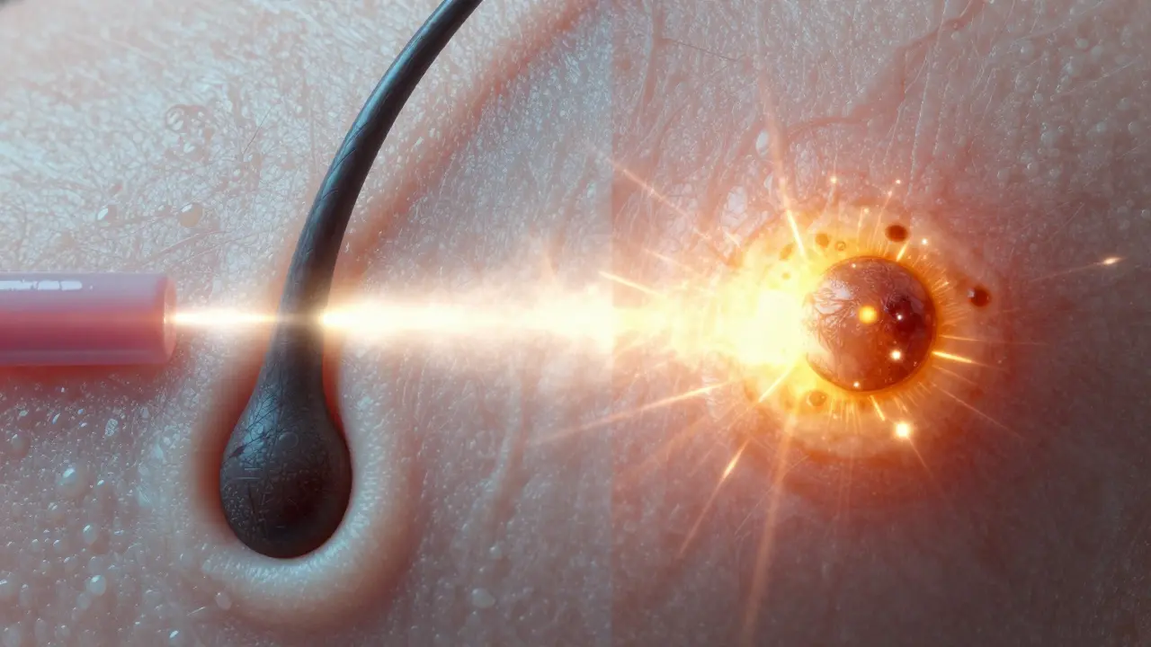 Konceptuální zobrazení absorpce světla IPL chlupkem versus pigmentovou nevýběrkou.