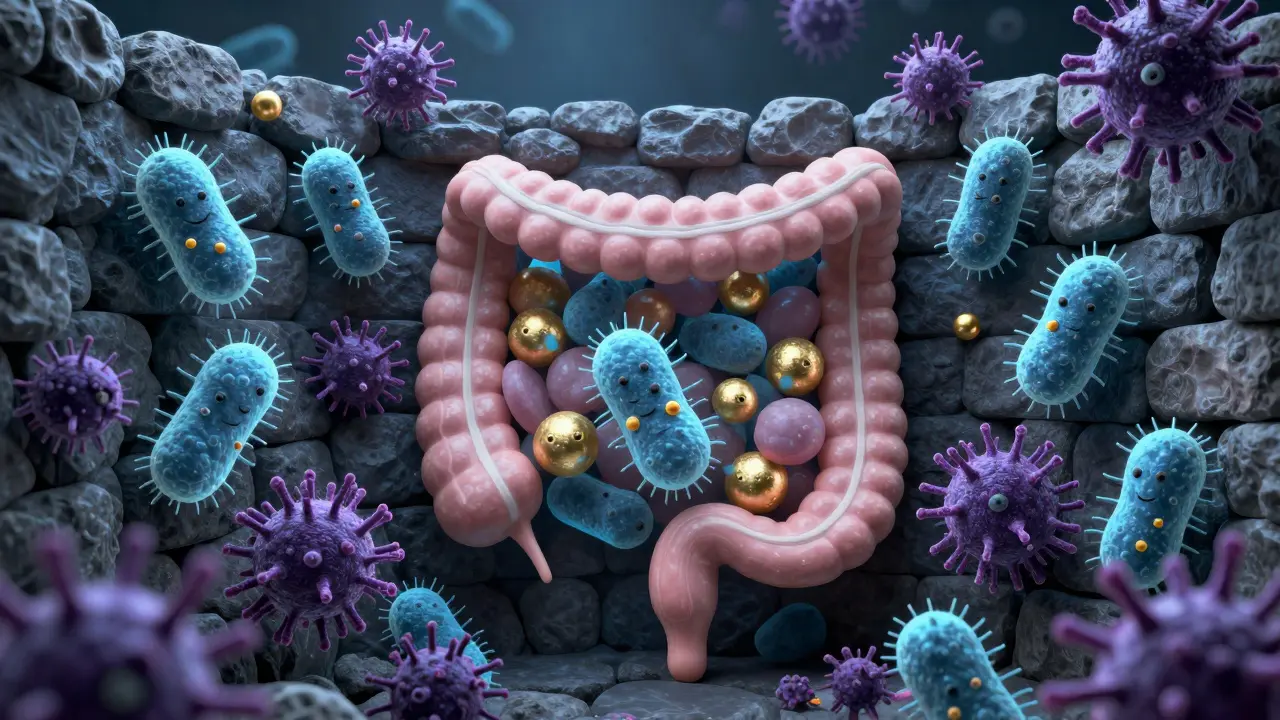 Konceptuální zobrazení laktobacil jako ochranné stěny v lidském střevě.
