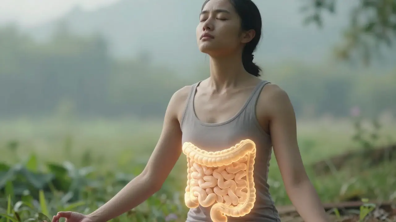 Konzepční obraz znázornující klid a harmonii v trávicím traktu během dýchání.