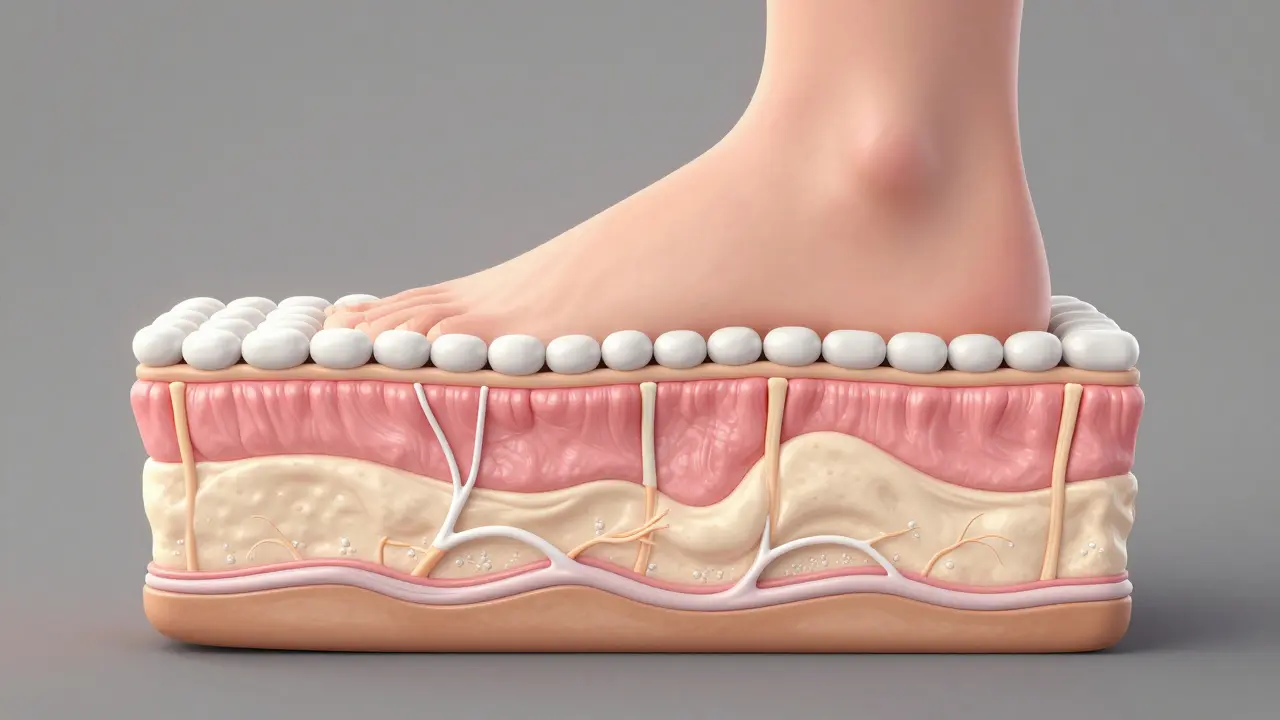 Kresba v řezu ukazující tloušťku vrstev kůže na plosce nohy.