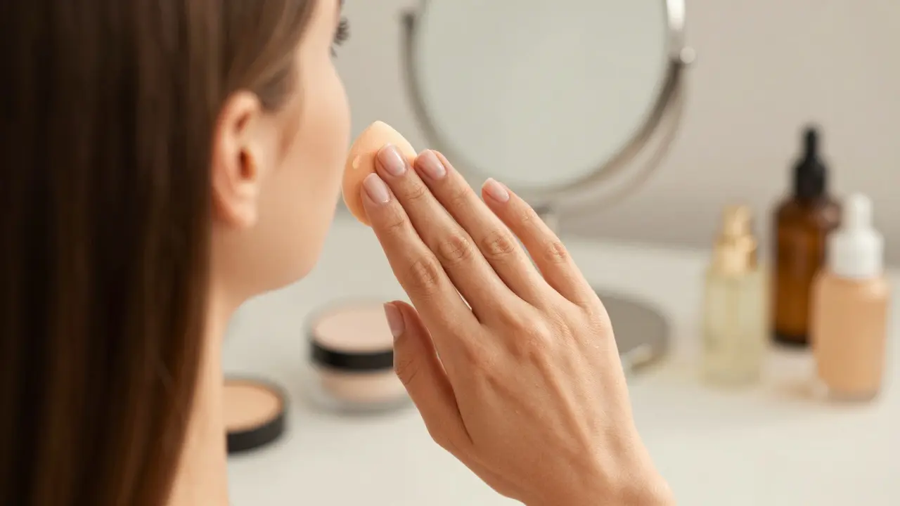 Nanášení malého množství primeru na tvář pomocí make-upové houbičky.