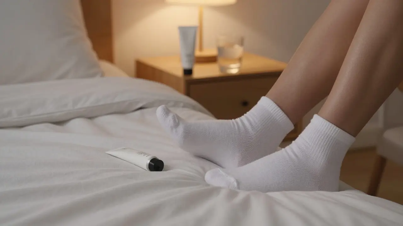 Nohy v bílých bavlněných ponožkách vedle hydratačního krému v domácím prostředí.