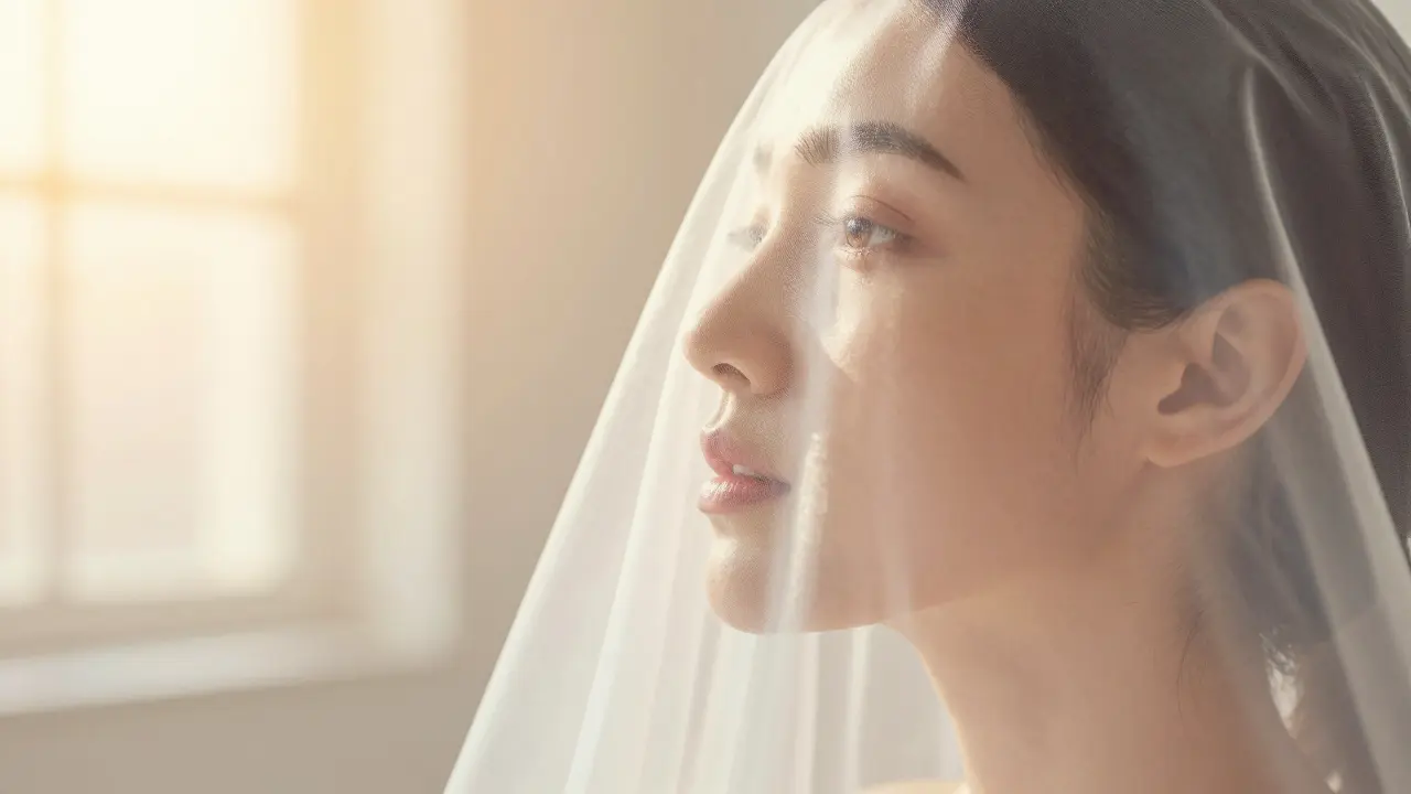 Profil ženy s pleťovými zářící v jemném hedvábí pod vlivem měkkého slunečního světla.