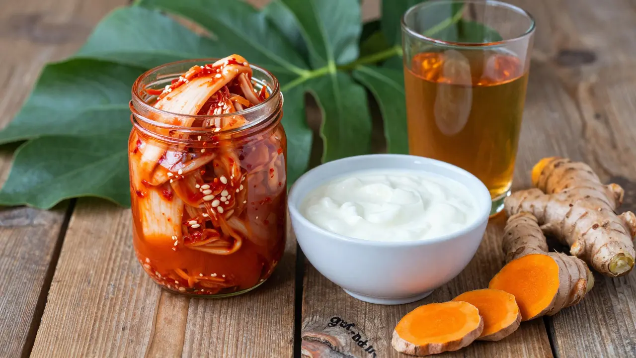 Sada fermentovaných potravin, jako je kimchi, kefir a kombucha, na dřevěném stole.