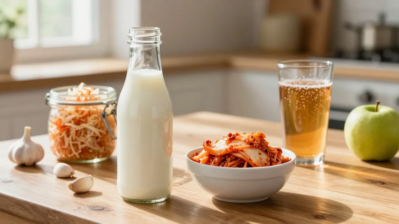 Sada fermentovaných potravin včetně kefíru, kimchi a kombuchy na stole.