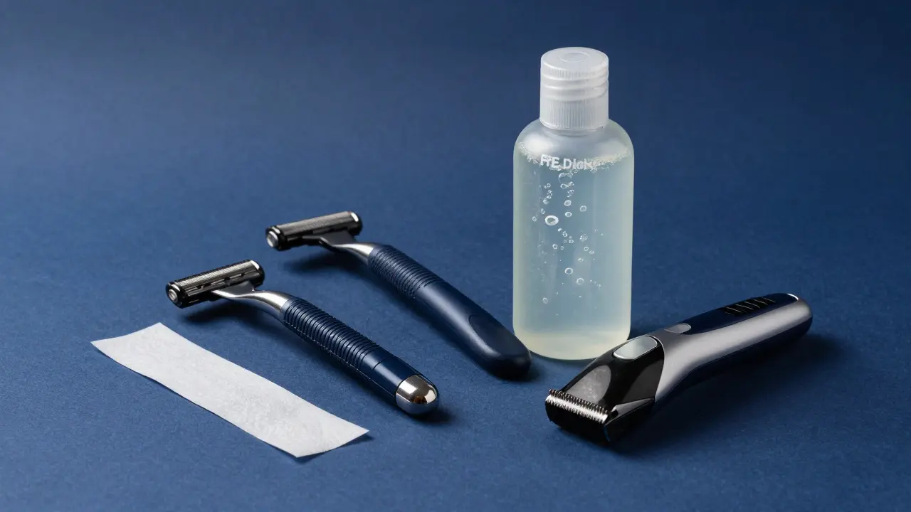 Sada groomingových pomůcek včetně žiletky a holicího gelu na tmavém pozadí.
