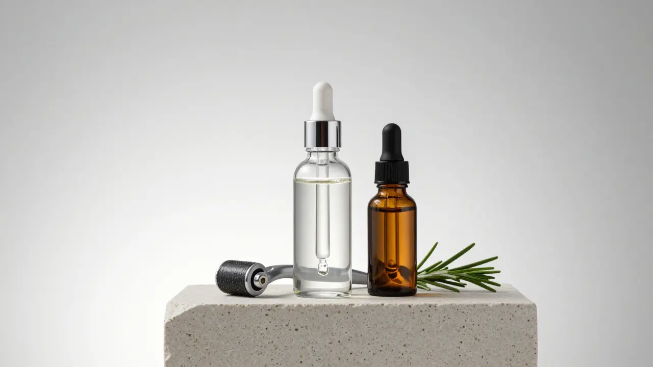 Sada pro péči o vlasy: stimulační sérum, rozmarýkový olej a dermaroller na minimalistickém pozadí.