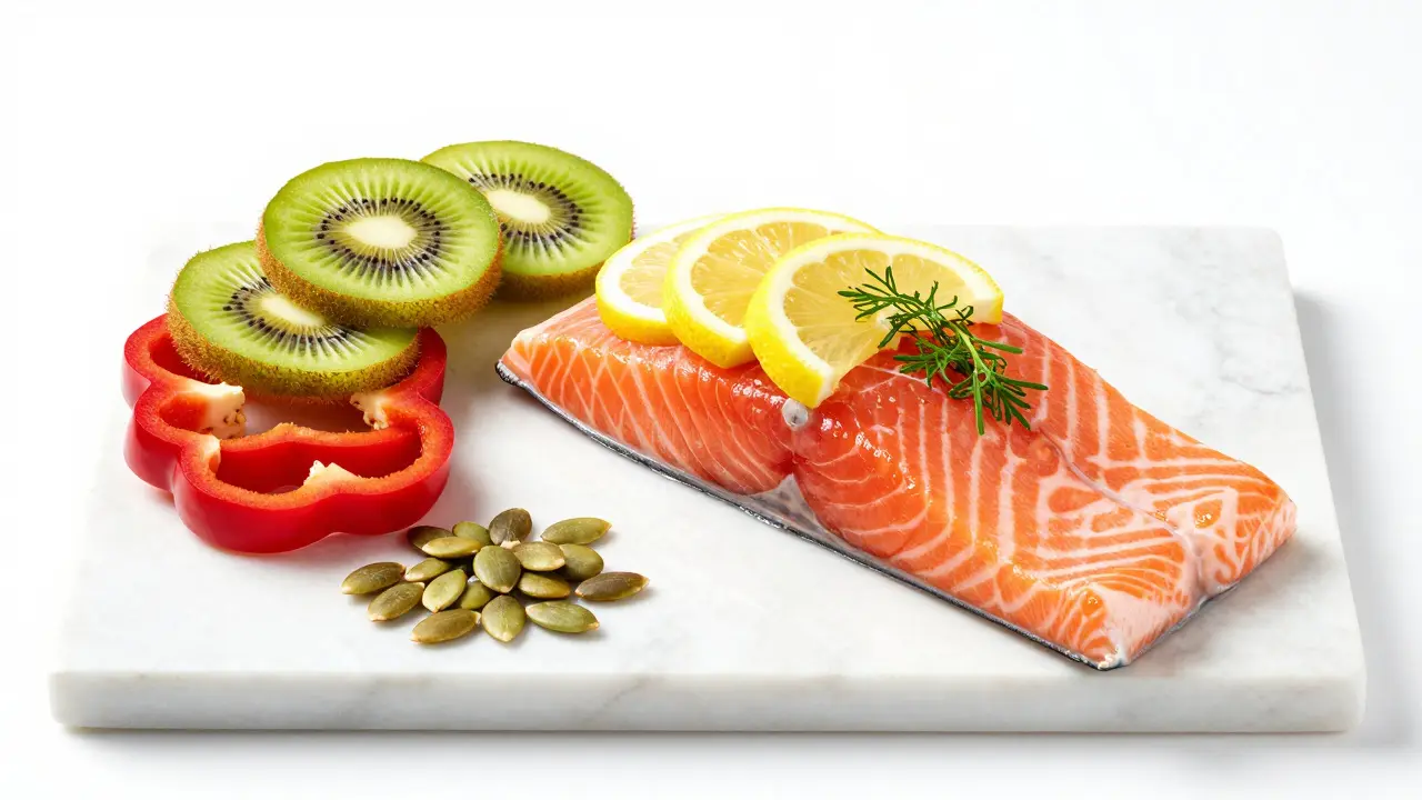 Sestava rybího filé s citrónem, kiwi a červenou paprikou na bílém mramoru.