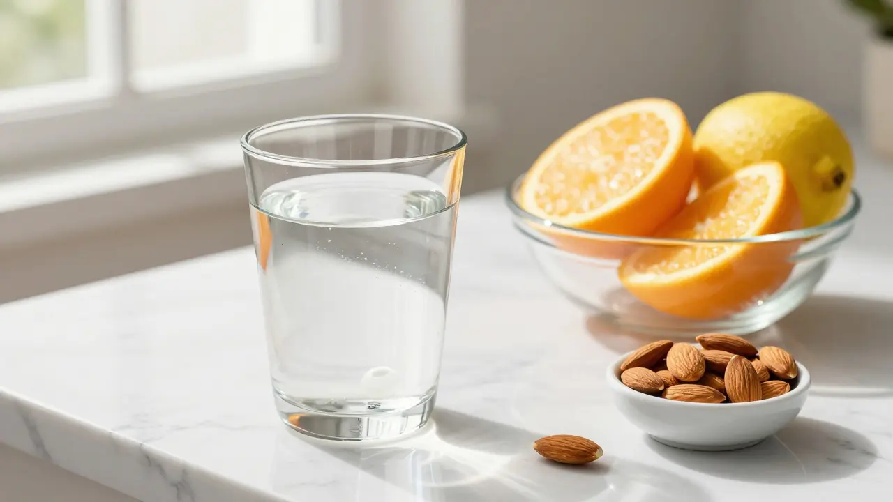 Sklenice s kolagenovým nápojem vedle citrusů a mandlí v ranním světle.