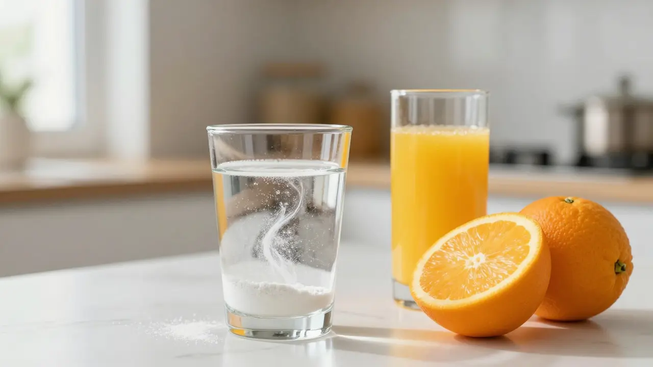 Sklenice s rozpouštějícím se kolagenem vedle čerstvých pomerančů v světlé kuchyni.