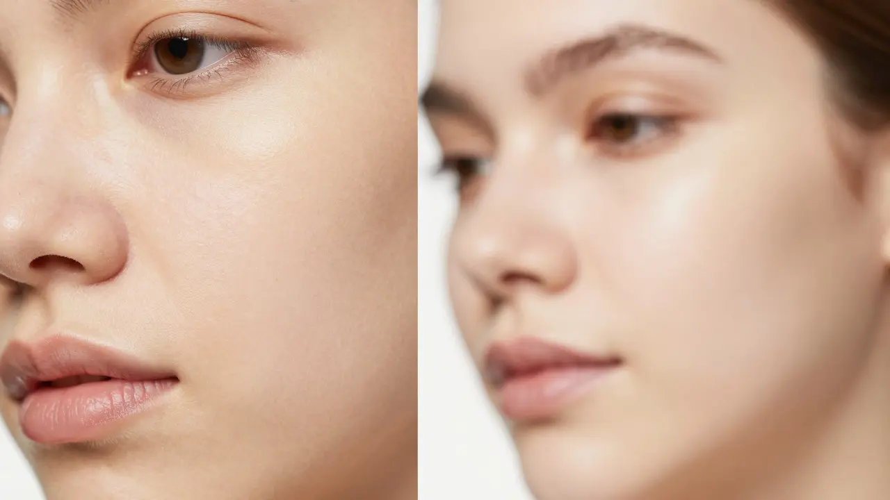 Srovnání pleti před a po aplikaci vyhlazujícího primeru s efektem rozmazání pórů.