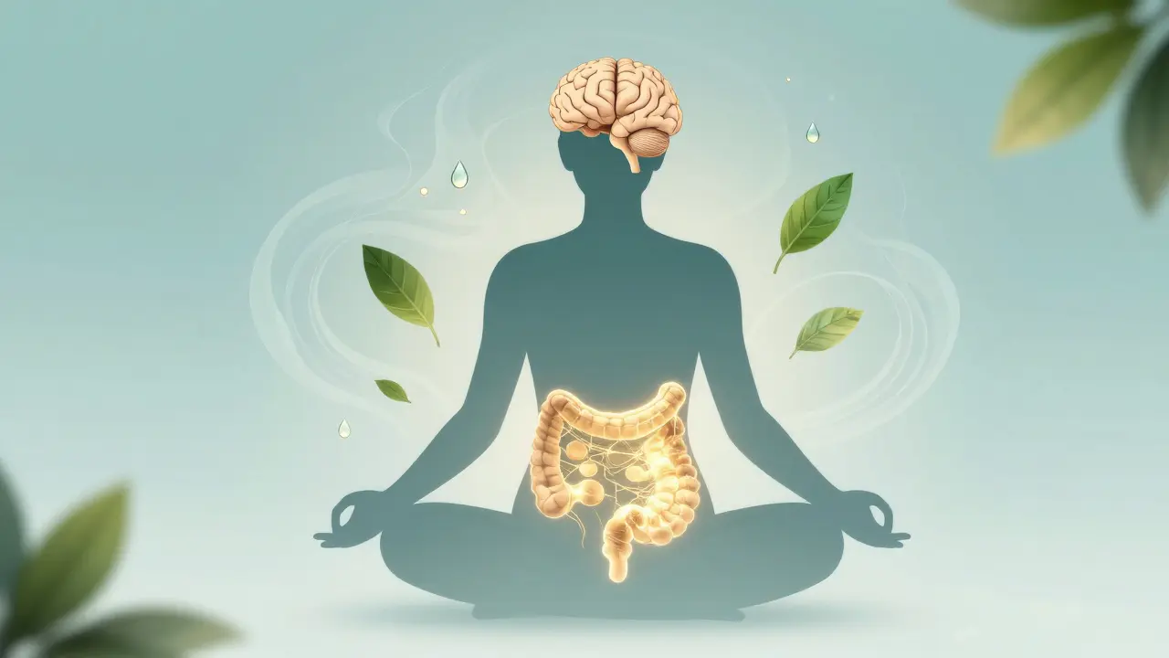 Symbolické znázornění spojení mezi zdravým střevem a psychickou pohodou.