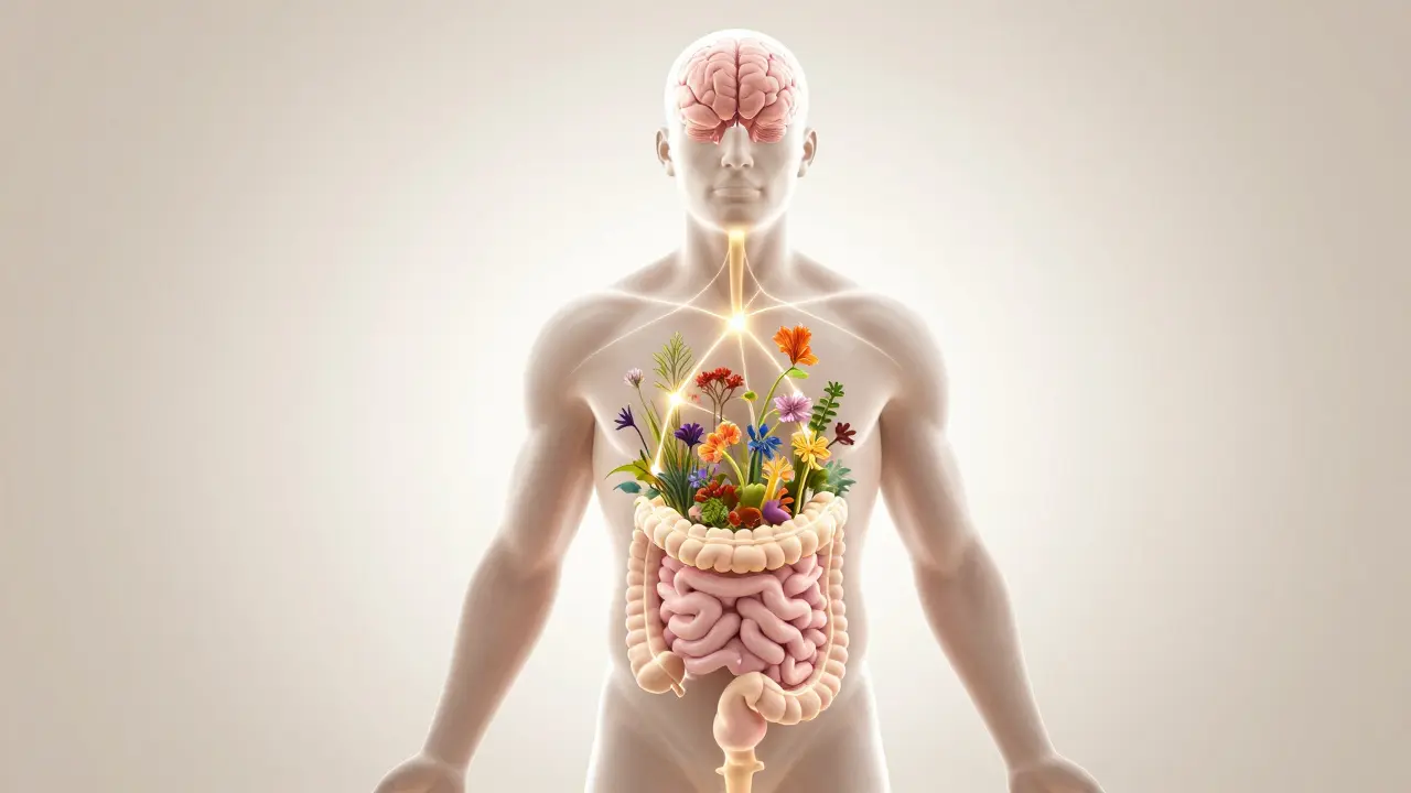 Umělecké znázornění spojení střev a mozku s kvetoucí mikroflórou v těle.