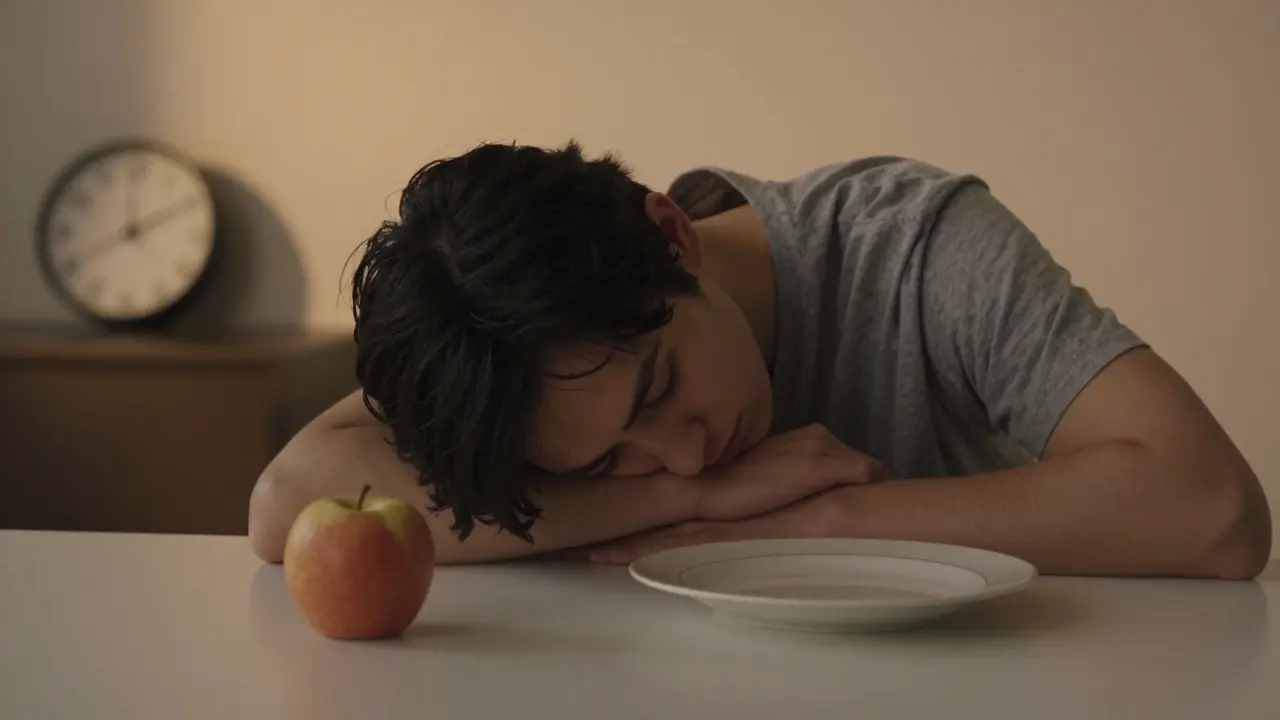 Unavená osoba u stolu s minimálním jídlem při restriktivní stravě