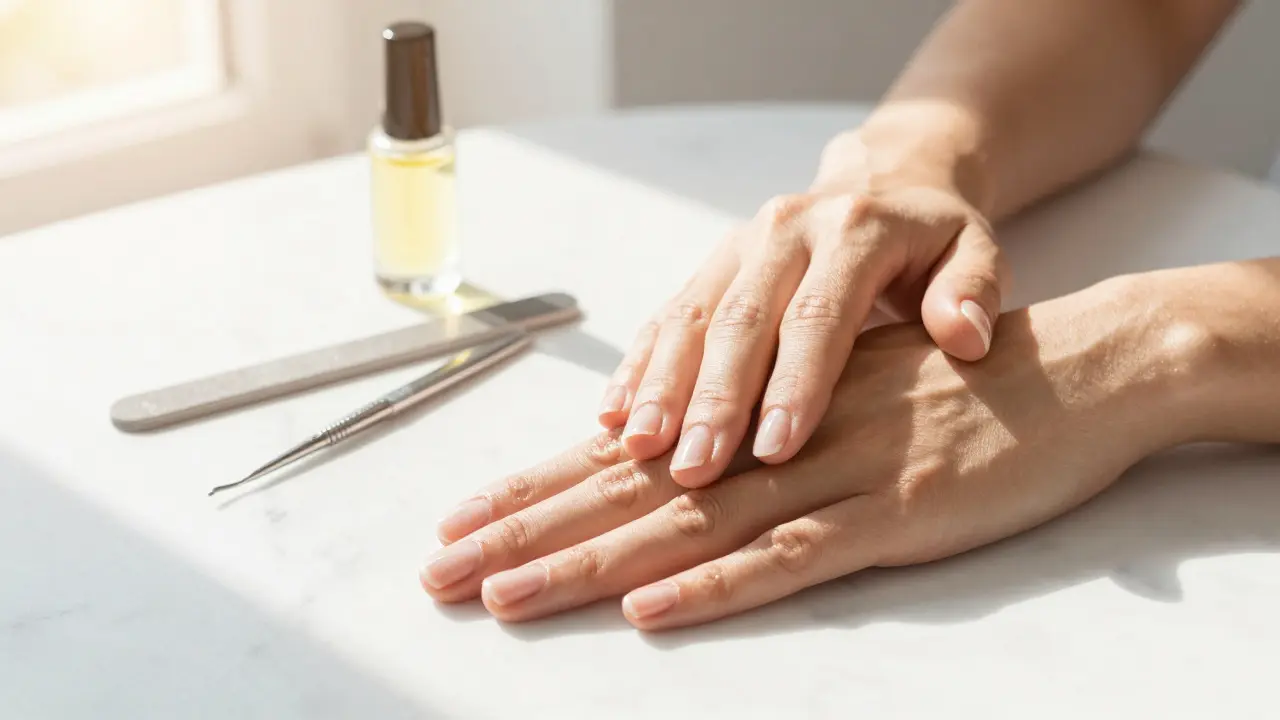 Upravené zdravé ruce s čistými nehty a pomůcky pro manikúru.