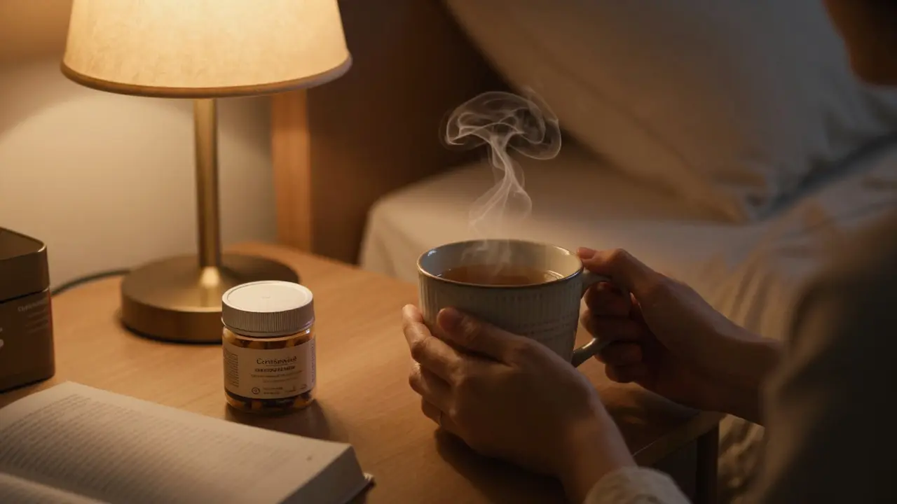 Večerní rituál s hrnkem bylinkového čaje a kolagenem na nočním stolku v teplém osvětlení.