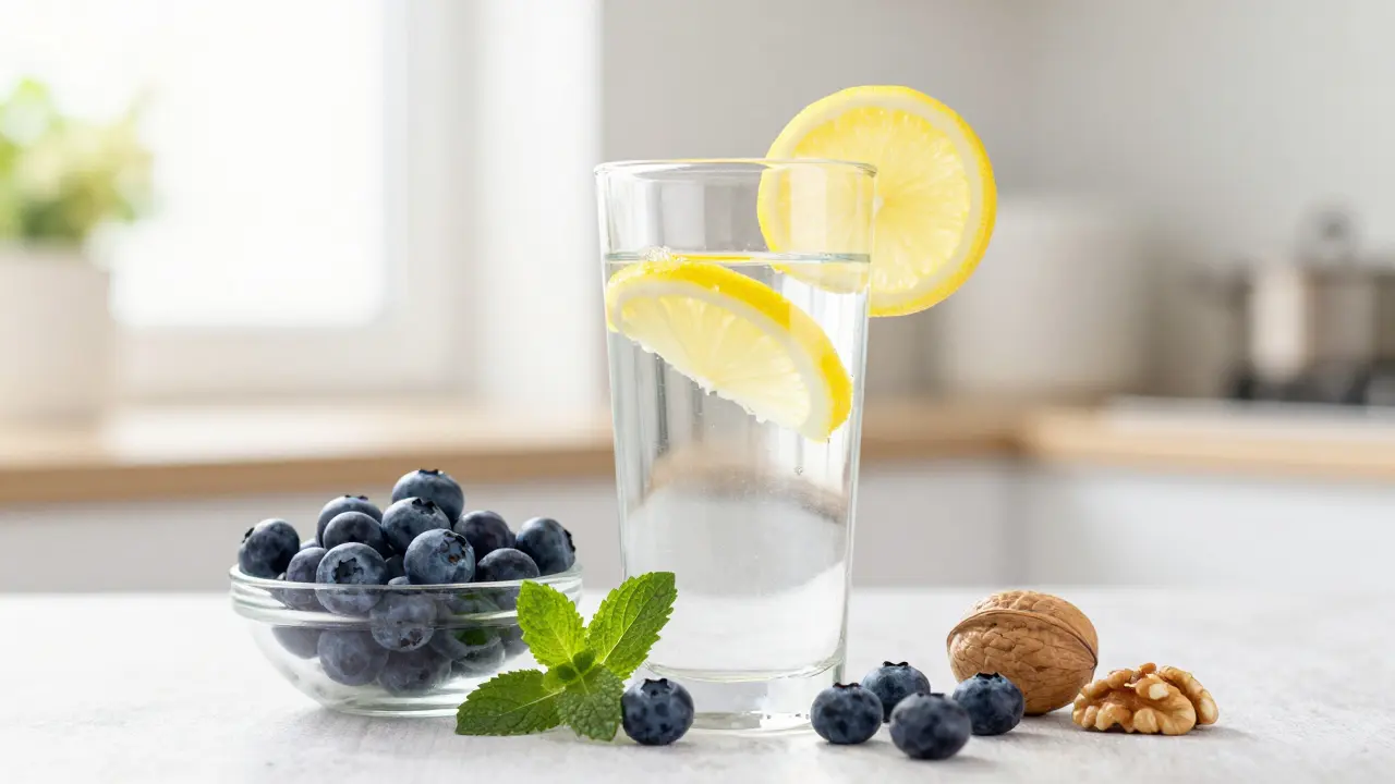 Voda s citronem a miska borůvek pro detoxikaci organismu