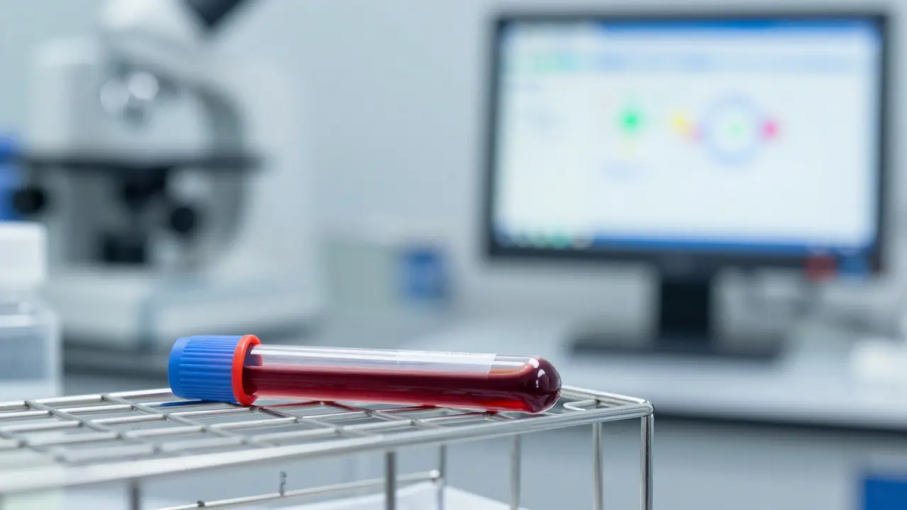 Záběr na zkumavku s krevním vzorkem v sterilním laboratorním prostředí.