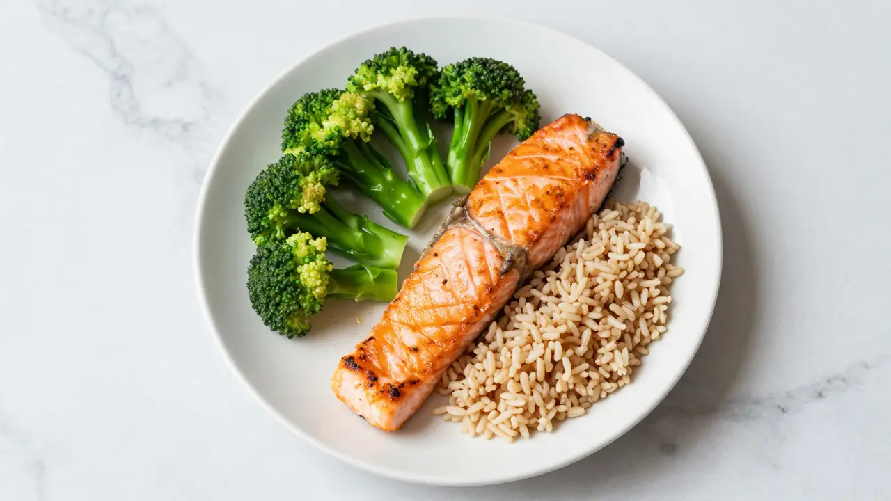 Zdravý talíř s grilovaným lososem, brokolicí a hnědou rýží