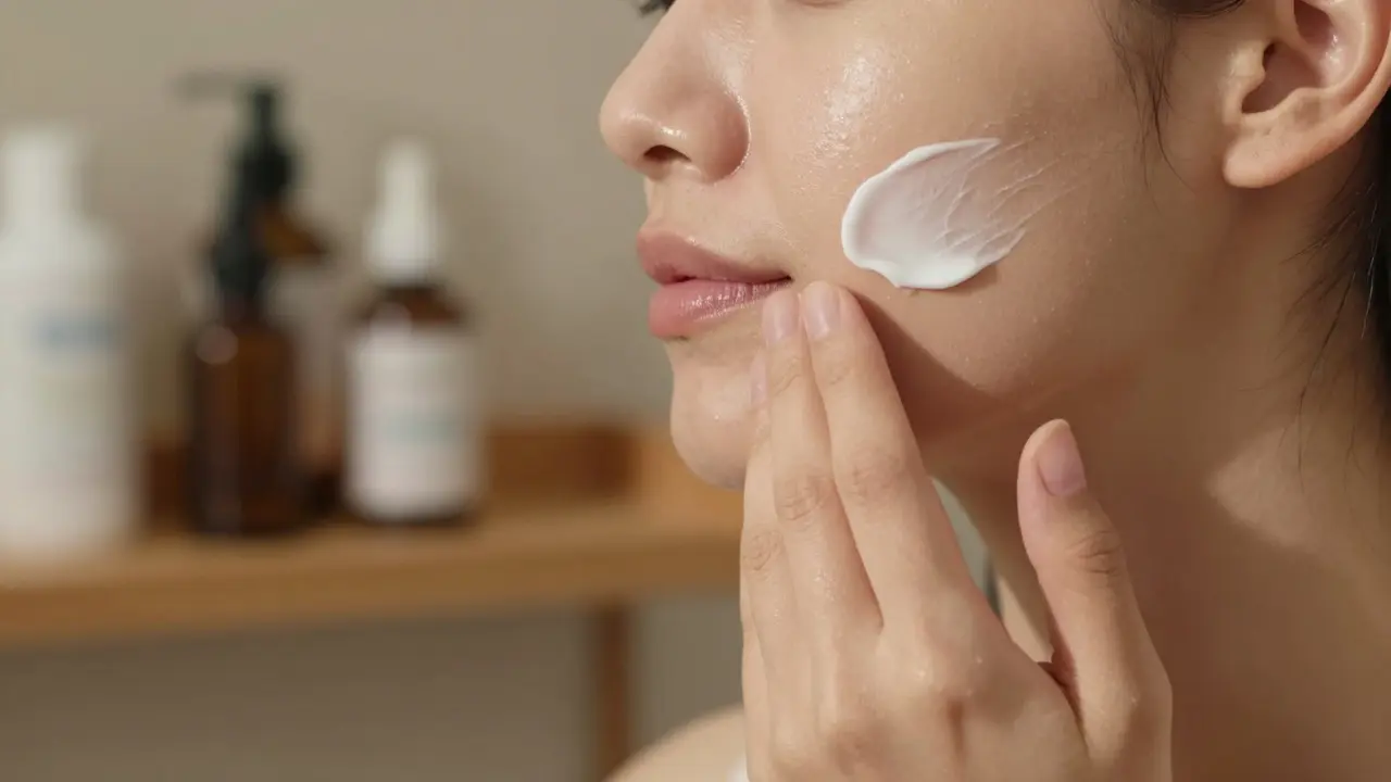 Žena nanáší hydratační krém na tvář pro zdravý a zářivý vzhled pleti.