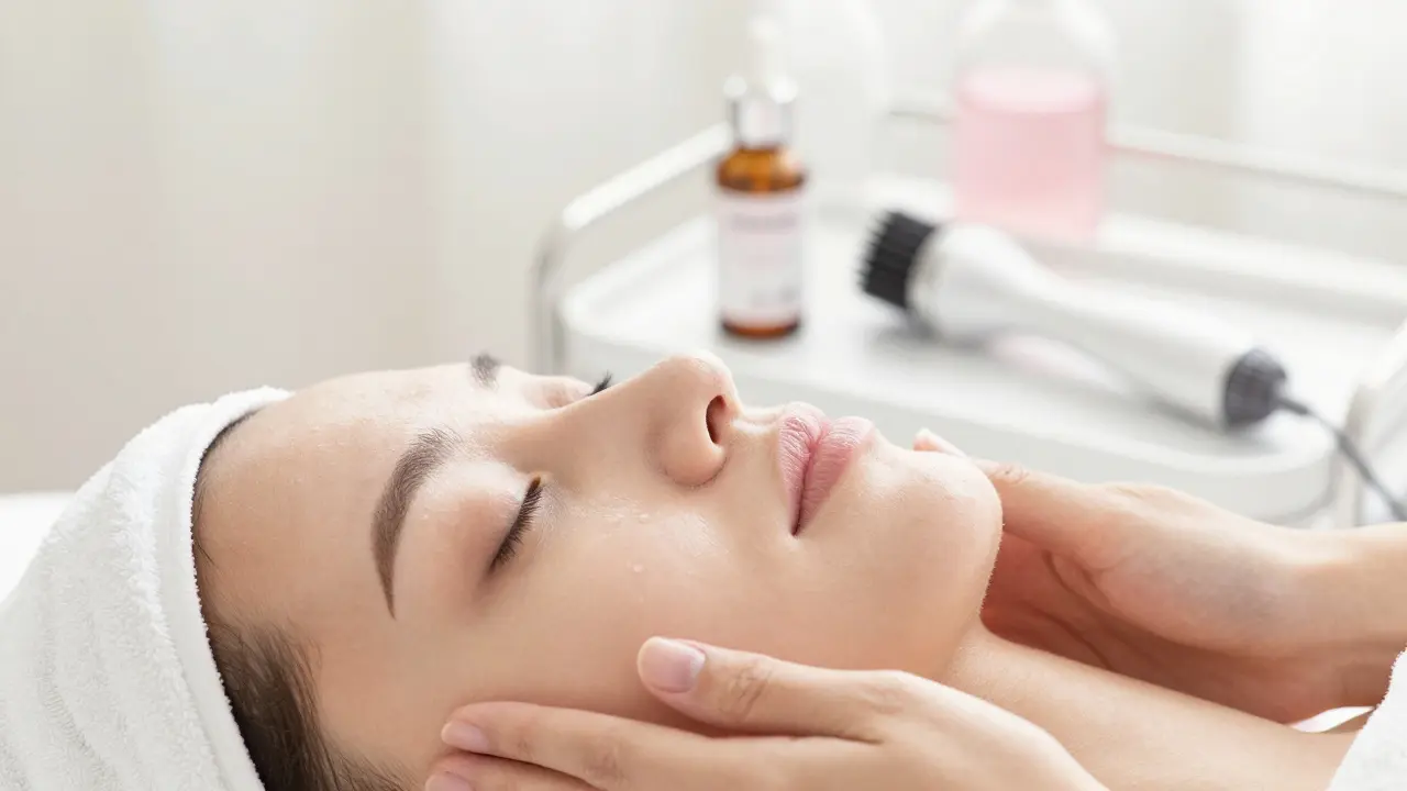 Žena podstupující masáž obličeje pro stimulaci kolagenu s produkty pro péči o pleť v pozadí.