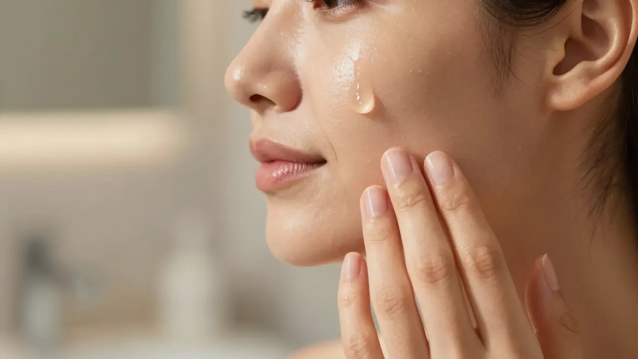 Žena vklepává kapky transparentního séra do tváře pro zdravý vzhled.