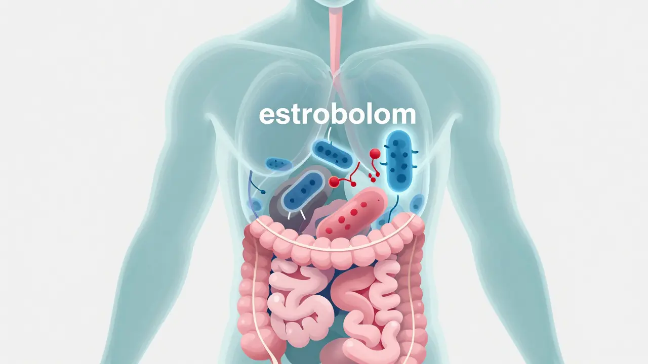 Abstraktní ilustrace střevního mikrobiomu a metabolismu hormonů v těle.