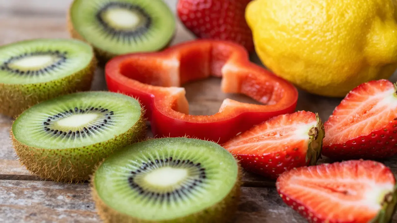Čerstvé ovoce bohaté na vitamín C vedle kousků papriky