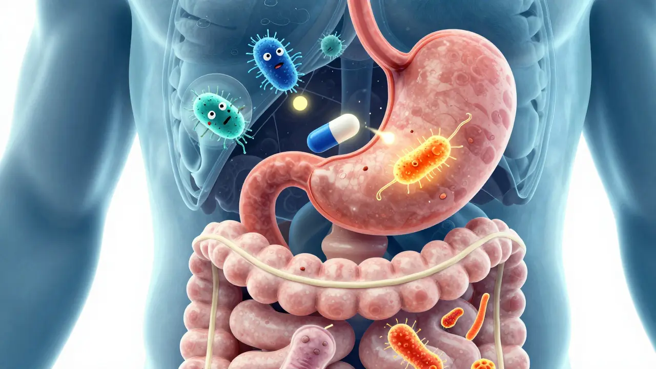 Ilustrace střevního mikrobiomu a přežití bakterií v žaludku