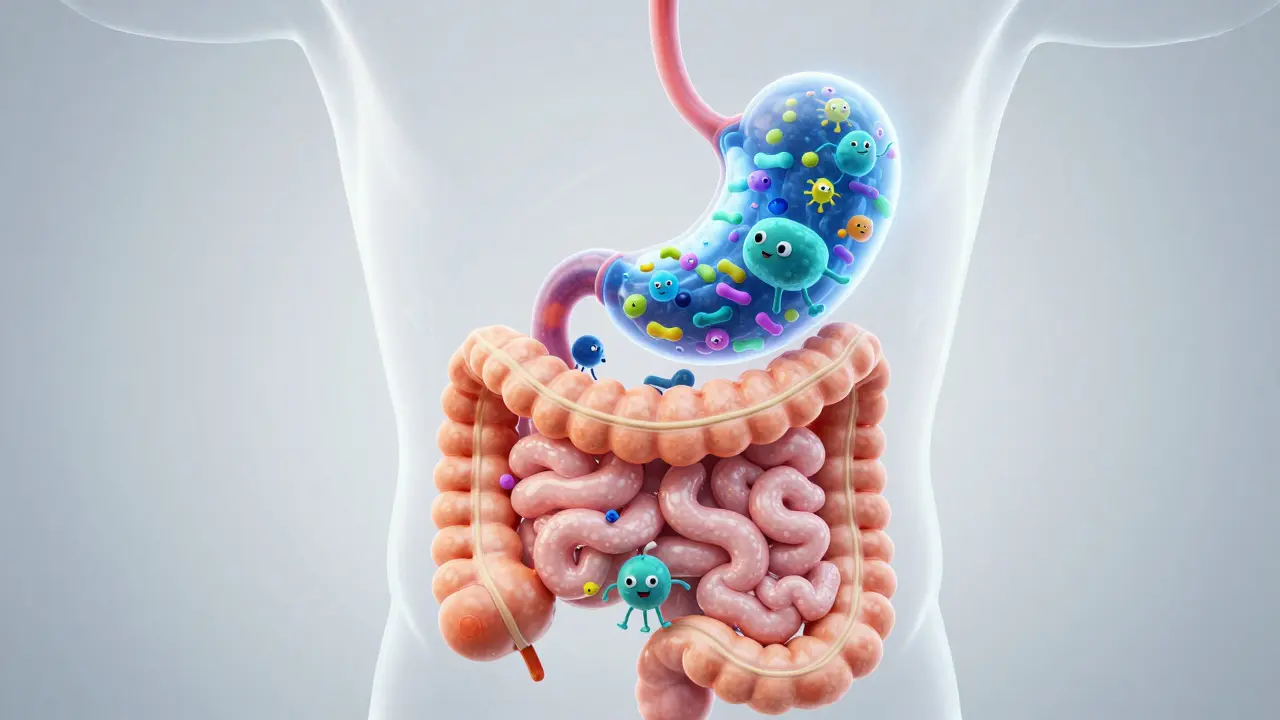 Ilustrace střevního mikrobiomu s bakteriemi v trávicím traktu