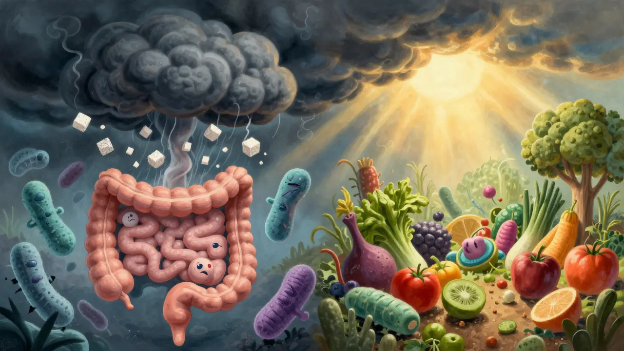 Ilustrace vlivu stresu a stravy na zdraví střevního ekosystému