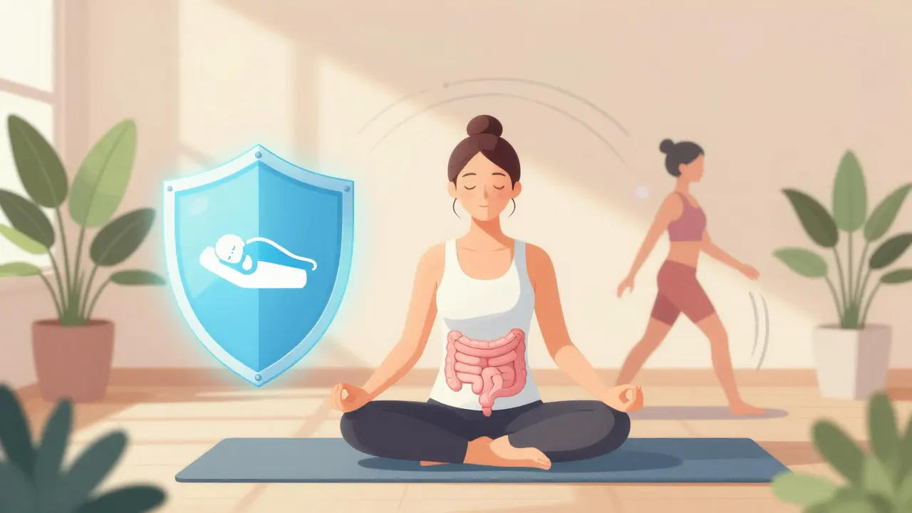 Klidná meditace a zdravý životní styl podporující regeneraci střev a celkovou imunitu.